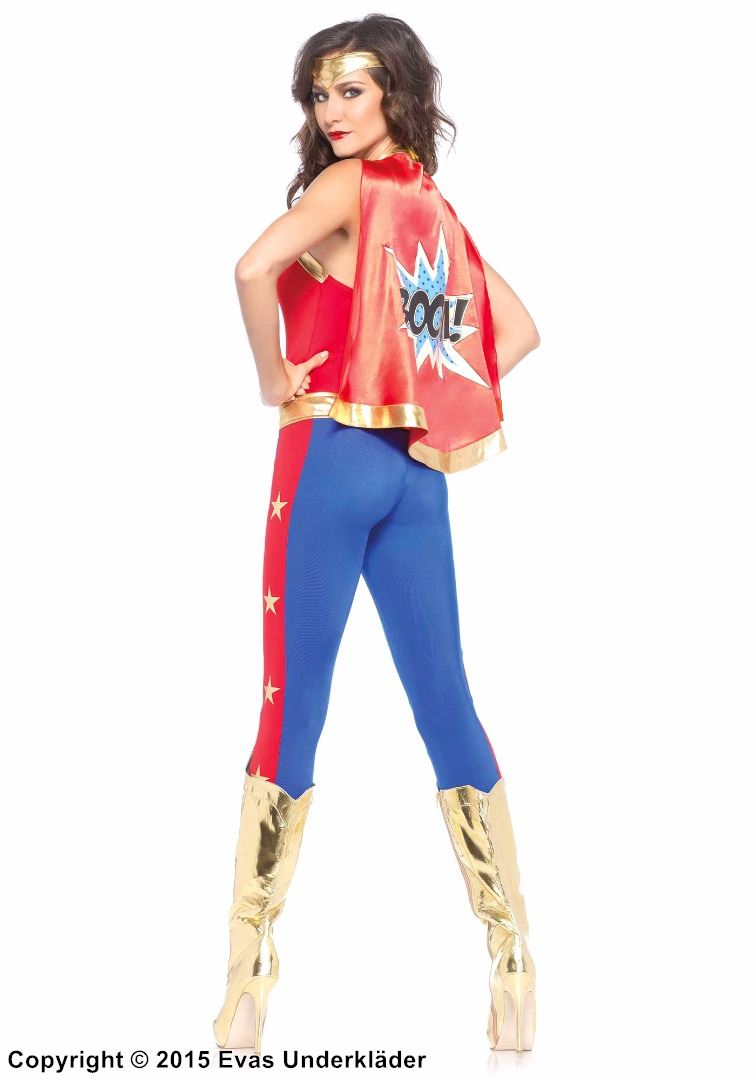 Wonder Woman, maskerad-body med cape, bälte och pannband, stjärnor